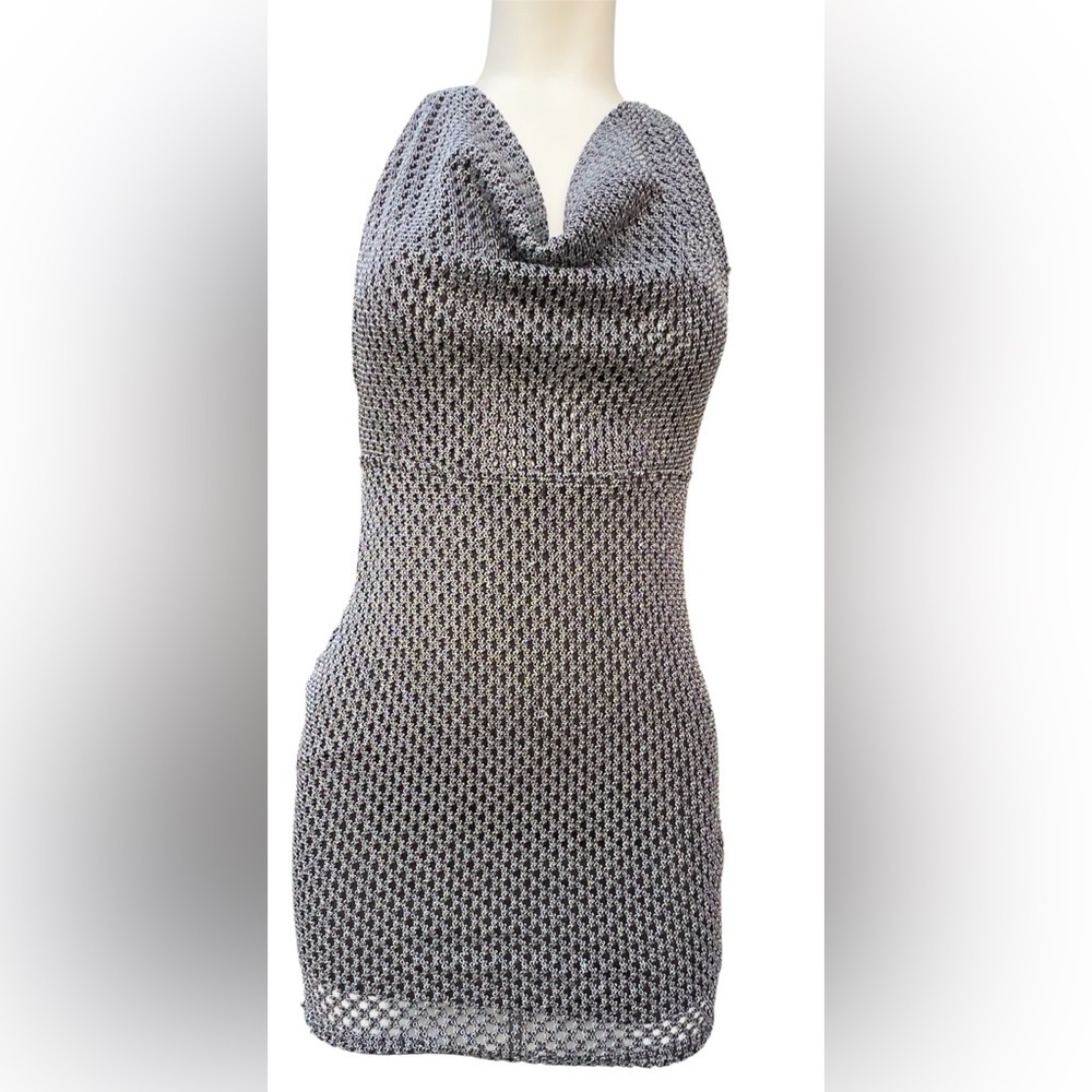 Forever 21 Metallic Mesh Bodycon Dress Cowl Neck Backless Sleeveless Black S